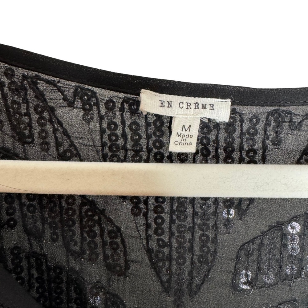 En Crème Black Sequin Top M | Sheer Chevron New Year’s Eve + Party Blouse - Picture 3 of 5
